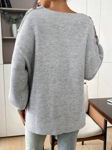 SHEIN Áo len dệt kim màu trơn dài tay cài nút cho bà bầu, đồ dệt kim ấm áp cho mùa thu và đông - Xám - Xem 2