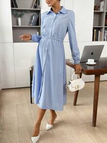 SHEIN 2 Pcs Women Blue Stripe Set Outfit, With A-Line Skirt, For Maternity