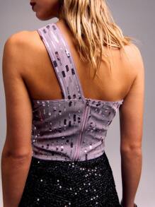 SHEIN Unity 不对称单肩镂空亮片上衣 - 紫色 - 查看 2