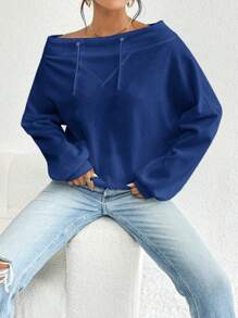 SHEIN Privé Của phụ nữ Màu thuần Một  vai Thiết kế Dây rút Tay áo dài Áo nỉ - Màu xanh lam - Xem 6