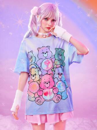 ROMWE X Care Bears Camiseta holgada de mujer casual de manga corta con estampado de oso y efecto tie-dye, para el verano