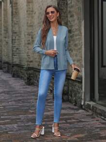 SHEIN LUNE 1 Áo khoác cardigan nữ thường ngày có hai túi, tay dài, màu trơn, mùa thu/đông - Màu xanh lam - Xem 5
