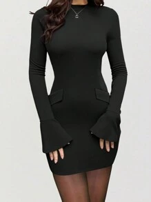 1pc Women's Solid Color Long Sleeve Fitted Casual Dress - Black - View 1