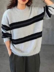 FRIFUL Women Striped Colorblock Gradient Loose Knit Sweater,Fall Women Clothes - Grey - View 1