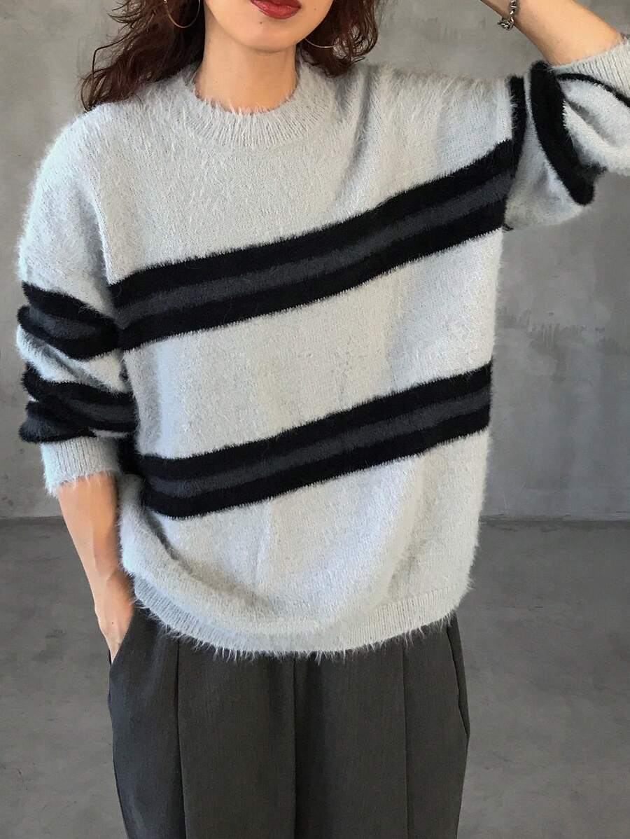 FRIFUL Women Striped Colorblock Gradient Loose Knit Sweater,Fall Women Clothes - Grey - View 1