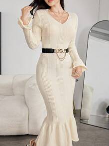 Modelyn Women Casual Minimalistic V-Neck Bell Sleeve Fish Tail Hem Ribbed Knit Sweater Dress