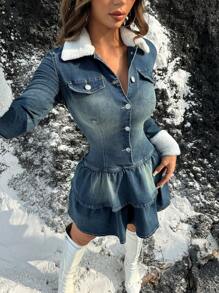 SHEIN PETITE Women Fleece Thick Denim Dress, Sweet Long Sleeve With Fringe Patchwork In Blue ,Petite Women - Dark Wash - View 7