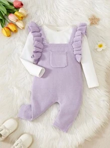 SHEIN Baby Girl Sleeveless Solid Ruffled Pocket Romper - Mauve Purple - View 1