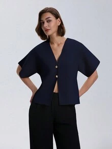 1 buah Kardigan Kasual Wanita Warna Polos Lengan Kelelawar Kancing Tunggal, Musim Gugur - Navy Blue - View 7