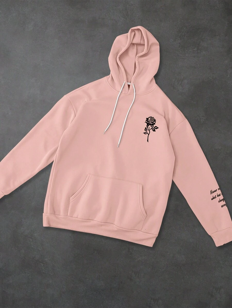 Manfinity Homme Áo hoodie nỉ họa tiết hoa bỏ túi trang trí tối giản cho nam - Hồng - Xem 1