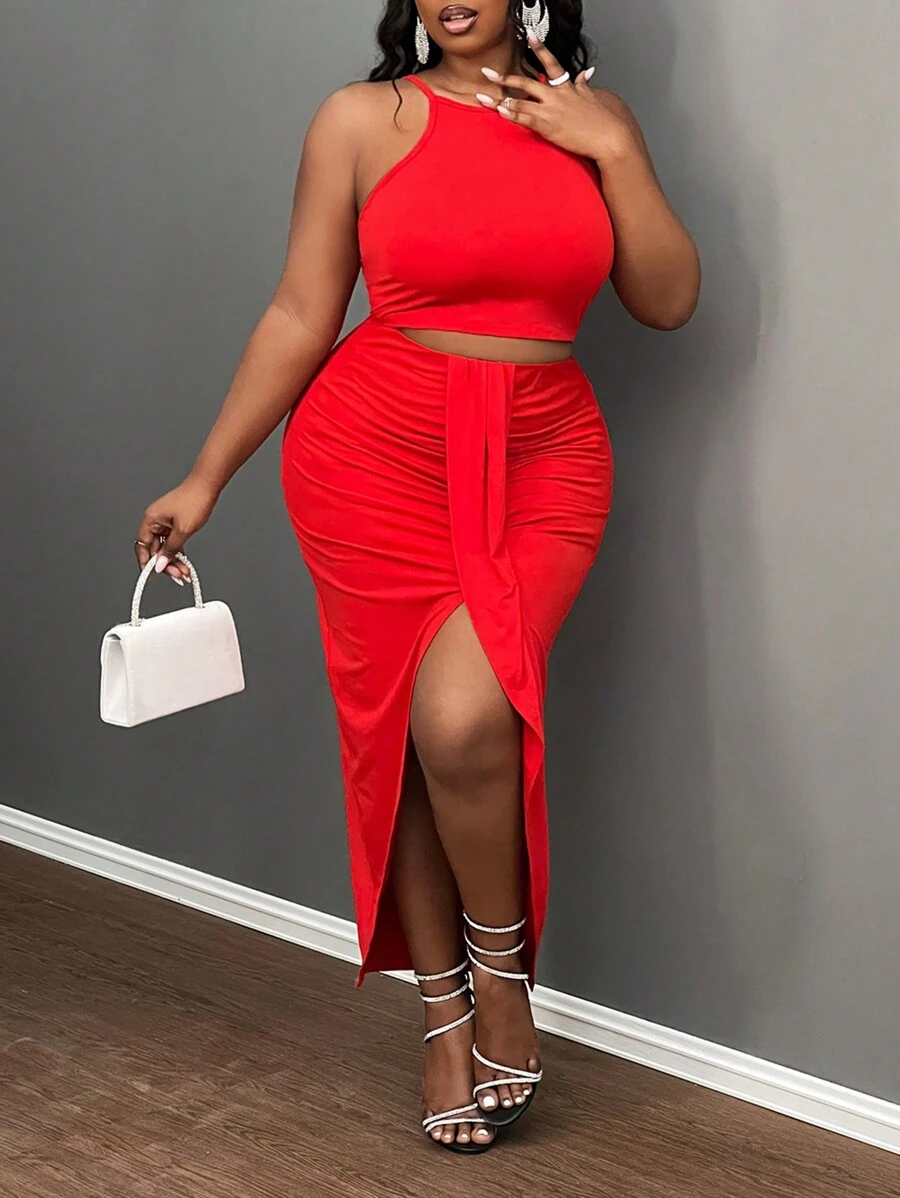 Slaydiva Plus Size Retro Women's Vacation & Elegant & Casual Fitted Solid Color Green Sleeveless Camisole Top And Asymmetrical Hem Skirt 2 Pieces Set With Pattern Decor, Spring/Summer - Red - View 1