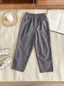 SHEIN 年轻女孩优雅豹纹宽松阔腿裤，法式风格，灰色，适合圣诞节，秋冬季 - 鏽棕色 - 查看 1