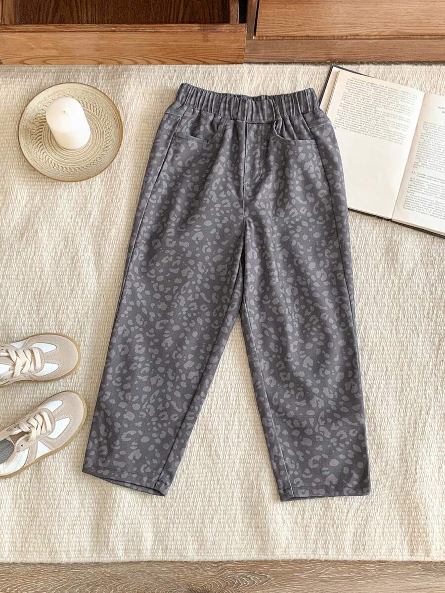 SHEIN 年轻女孩优雅豹纹宽松阔腿裤，法式风格，灰色，适合圣诞节，秋冬季 - 鏽棕色 - 查看 1
