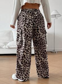 Flirla Plus Size Leopard Print Snap Button Front Side Pockets Elastic Waist Cargo Pants Fall Cloth For Women - Multicolor - View 3