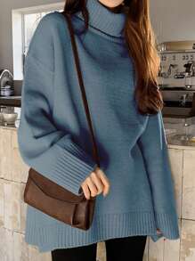 DAZY 女士休闲纯色高领落肩超大毛衣，秋冬，秋季女装 - 藍色 - 查看 4
