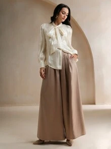 Anewsta Apricot Pearl Knot Loose Long Sleeve Blouse For Women Women Shirt - Apricot - View 3