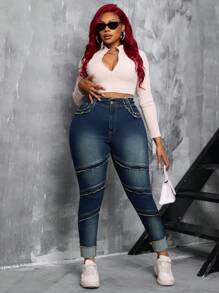 SHEIN SXY Jeggings elásticos de mezclilla con diseño desgastado y cintura alta para mujer de talla grande