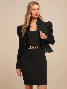 SHEIN Clasi 2 件套女士优雅雪纺荷叶边下摆短夹克和紧身裙套装 - 黑色 - 查看 4