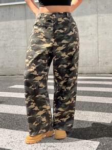 SHEIN EZwear Pantalones holgados y elásticos con estampado de camuflaje, para otoño/invierno, tallas grandes - Multicolor - Ver 3