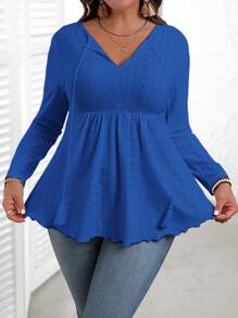 EMERY ROSE Camiseta de manga larga para otoño con bajo con volantes, diseño calado y bordado en unicolor para tallas grandes