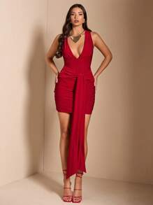 SHEIN BAE Elegant Red Deep V Neck Bow Tie Mini Dress, Suitable For Daily Dating, Outing, Nightclub Party, Autumn - Pink - View 5