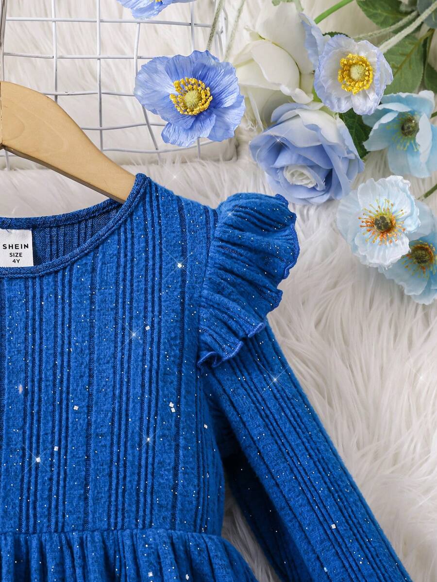 SHEIN Young Girl Solid Color Bling Ribbed Knit Ruffle Dress
