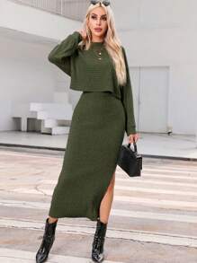 SHEIN Essnce 2pcs Women Casual Solid Color Batwing Sleeve Top & Side Slit Skirt Set, Autumn