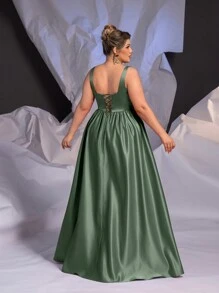 Glamrae Plus Size Elegant Simple Sophisticated Fitted Mermaid Waist Tie Back Asymmetrical Waistline Oversized Flared Dress With High Slit, Suitable For Graduation, Singles' Party, Wedding, Formal Events, Evening Gown, Prom Dress, For Wedding Guest, Dinner - Green - View 2