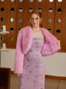 SHEIN MOD Women Pink Fluffy Short Jacket, Autumn-Padded Coat,Fur Coat,Homecoming - Baby Pink - View 8