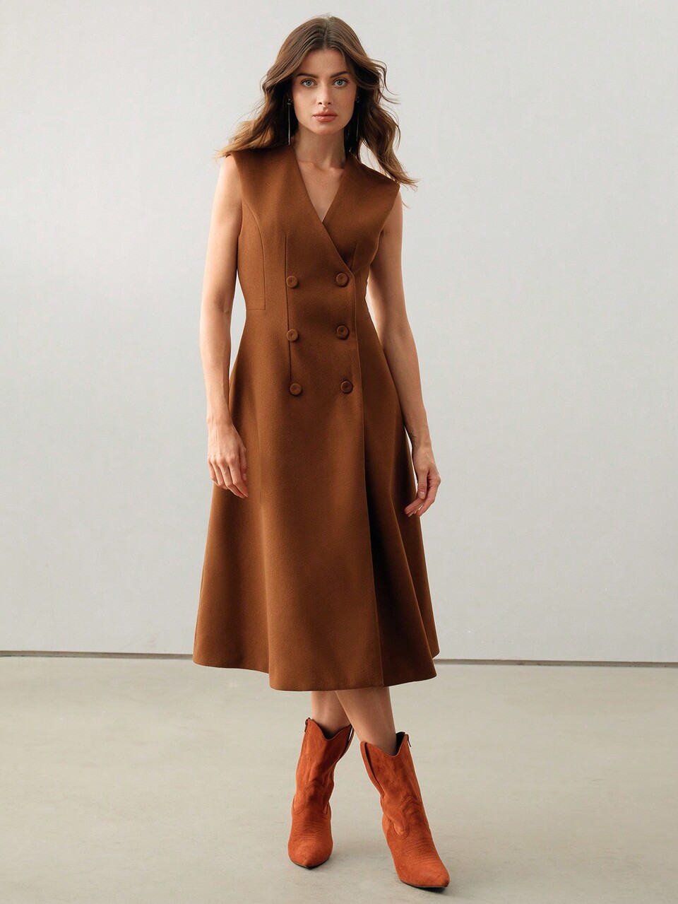 Elegant Sleeveless Khaki V-Neck Mid-Length Dress For Women, Casual Wear