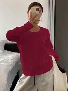 DAZY Women Solid Color Crew Neck Casual Long Sleeve T-Shirt,Fall Clothes - Burgundy - View 3