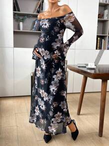 SHEIN Maternity Romantic Summer Beach Elegant Sexy Floral Off Shoulder Long Dress, Date Night Dress, Suitable For Daily, Commuting, Holiday - Black - View 3