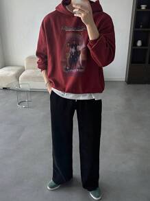 DAZY Men's Casual Oversized Graphic And Slogan Print Drop Shoulder Hoodie Sweatshirt Fall,Winter - Red - View 3
