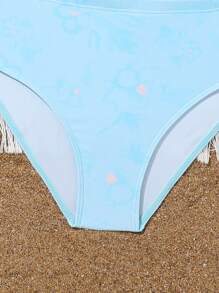 SHEIN Tween Girls 3 件套比基尼套装：拼色吊带背心上衣 + 纯色三角裤 + 拉链长袖夹克，夏季海滩 - 淺藍色 - 查看 4