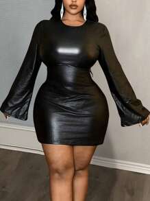 Slaydiva Đầm mini tay chuông màu đen trơn phủ PU thanh lịch & dự tiệc & hẹn hò & trang trọng, cỡ lớn, xuân thu - màu đen - Xem 7