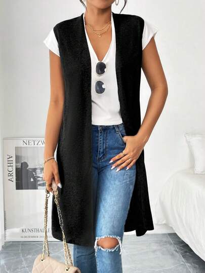 Chiquease 女式无袖前开长款开衫，纯色，休闲，秋季