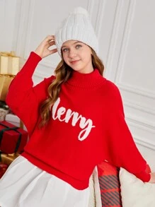 SHEIN Teen Girl Christmas Slogan High Neck Loose Casual Warm Versatile Red Pullover Sweater Autumn Winter Clothes For Girl - Red - View 4