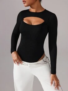 SHEIN Sports 女士纯色镂空长袖紧身连体裤 - 黑色 - 查看 3