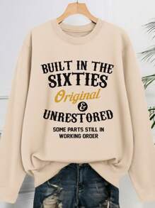 SHEIN LUNE Sudadera con capucha de manga larga de cuello redondo con estampado de lema minimalista casual, talla grande, otoño/invierno