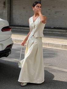 DAZY 2 件套女士休闲纯色背心夹克和长款百褶裙套装