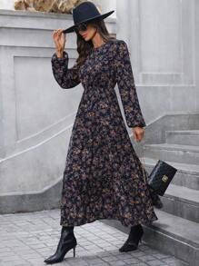 SHEIN LUNE Sukienka w kształcie litery A z falbaną w serek, rękaw dzwonkowy, wielowarstwowy dół z kwiatowym wzorem w stylu vintage, elegancka na co dzień i do pracy, jesień/zima