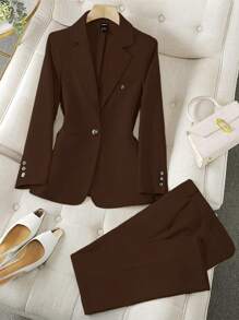 Franclia 1 Set Women Business Suit Jacket & Pants, Minimalist Solid Color Notched Collar Single Button, Autumn Fall Cloth For Women - Brown - View 1