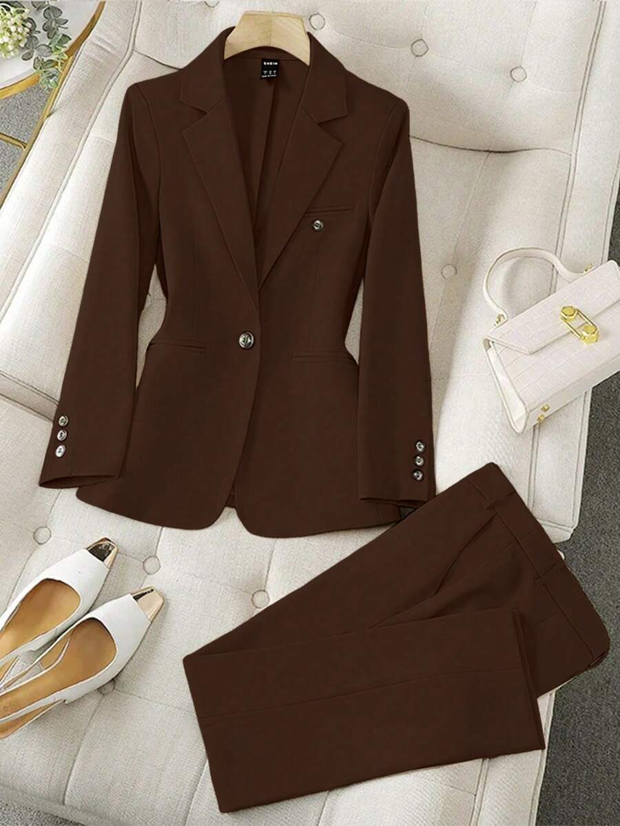 Franclia 1 Set Women Business Suit Jacket & Pants, Minimalist Solid Color Notched Collar Single Button, Autumn Fall Cloth For Women - Brown - View 1