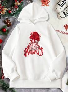 SHEIN LUNE 大码女式圣诞口号印花长袖连帽休闲运动衫，秋冬大码秋季服装 - 米色 - 查看 2