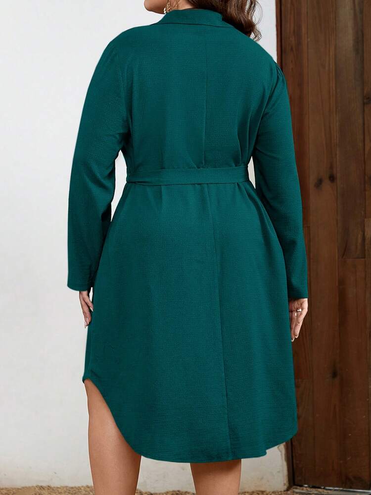 Plus Size Casual Solid Color Button Shirt Dress, Autumn