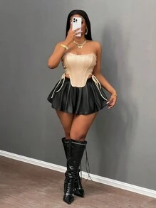 Slaydiva 1 chiếc áo crop top da PU cho nữ có dây buộc bên hông, kiểu dáng bó sát - Vàng - Xem 5