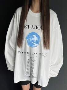 DAZY Locker geschnittenes Rundhals-Grafik-T-Shirt für Frauen, Langarm-Damenblusen für den Herbst