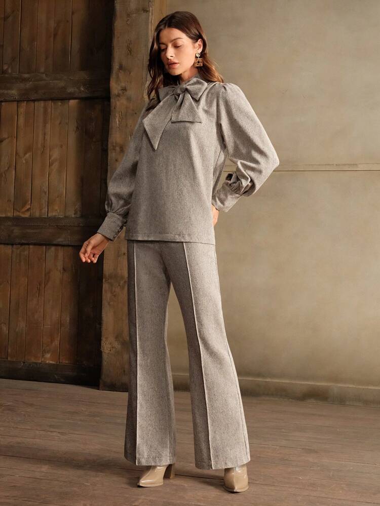 Women Elegant Bow Collar Lantern Sleeve Tweed Loose Top And Wide Leg Pants 2pcs Set