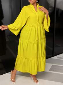 SHEIN PETITE CURVE Đầm tay dài cổ chữ V viền bèo nhún cỡ lớn - Màu vàng - Xem 5