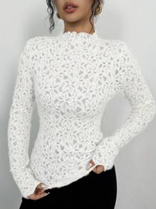 Rafferiza Women Floral Jacquard Pattern Stand Collar Long Sleeve Fitted Fashionable Top, Autumn Fall Cloth For Women - White - View 5